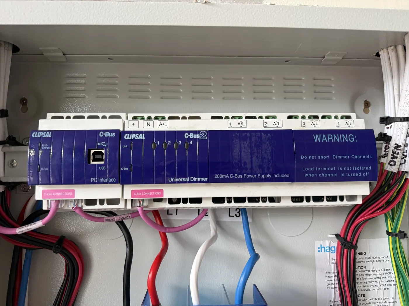 Clipsal C-Bus automation modules wired into a board